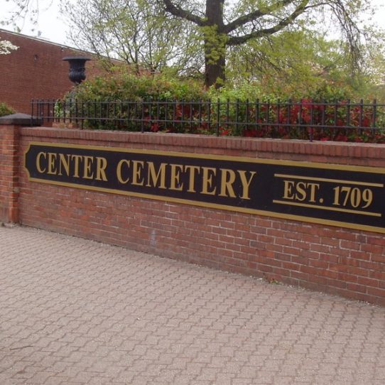 Entrance to Center Cemetery from Main Street, East Hartford CT, sign, trees