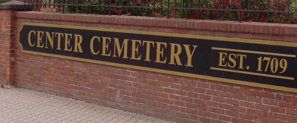 Entrance to Center Cemetery from Main Street, East Hartford CT, sign, trees