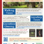 Graphic image of a flyer from the Stanley-Whitman House in Farmington CT announcing upcoming events such as Walking Tours, Cemetery Tours and cleaning of gravestones for October 2022