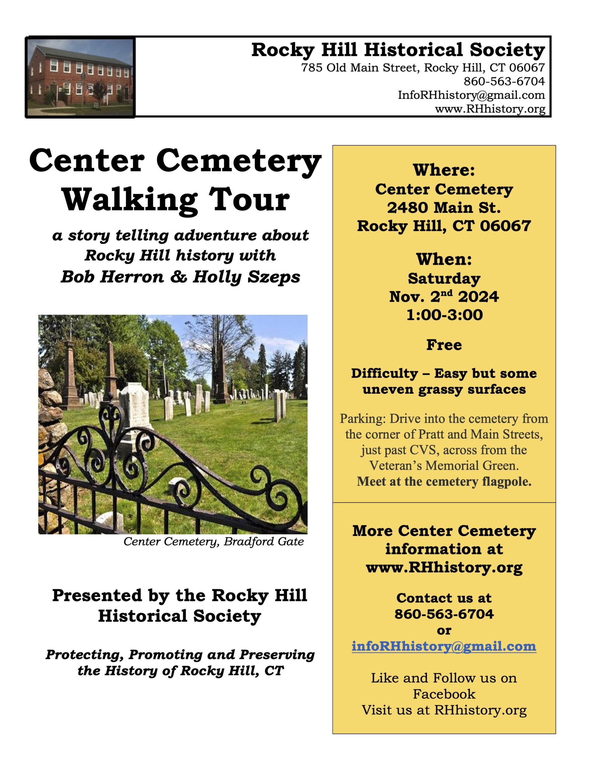 Center Cemetery Flyer for Rocky Hill Walking Tour